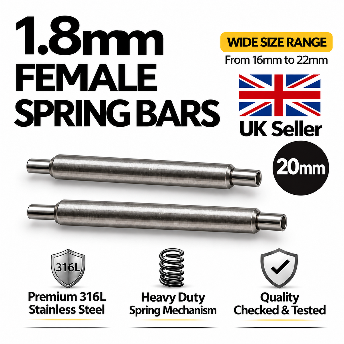 20mm 1.8mm female watch spring bars, hollow end