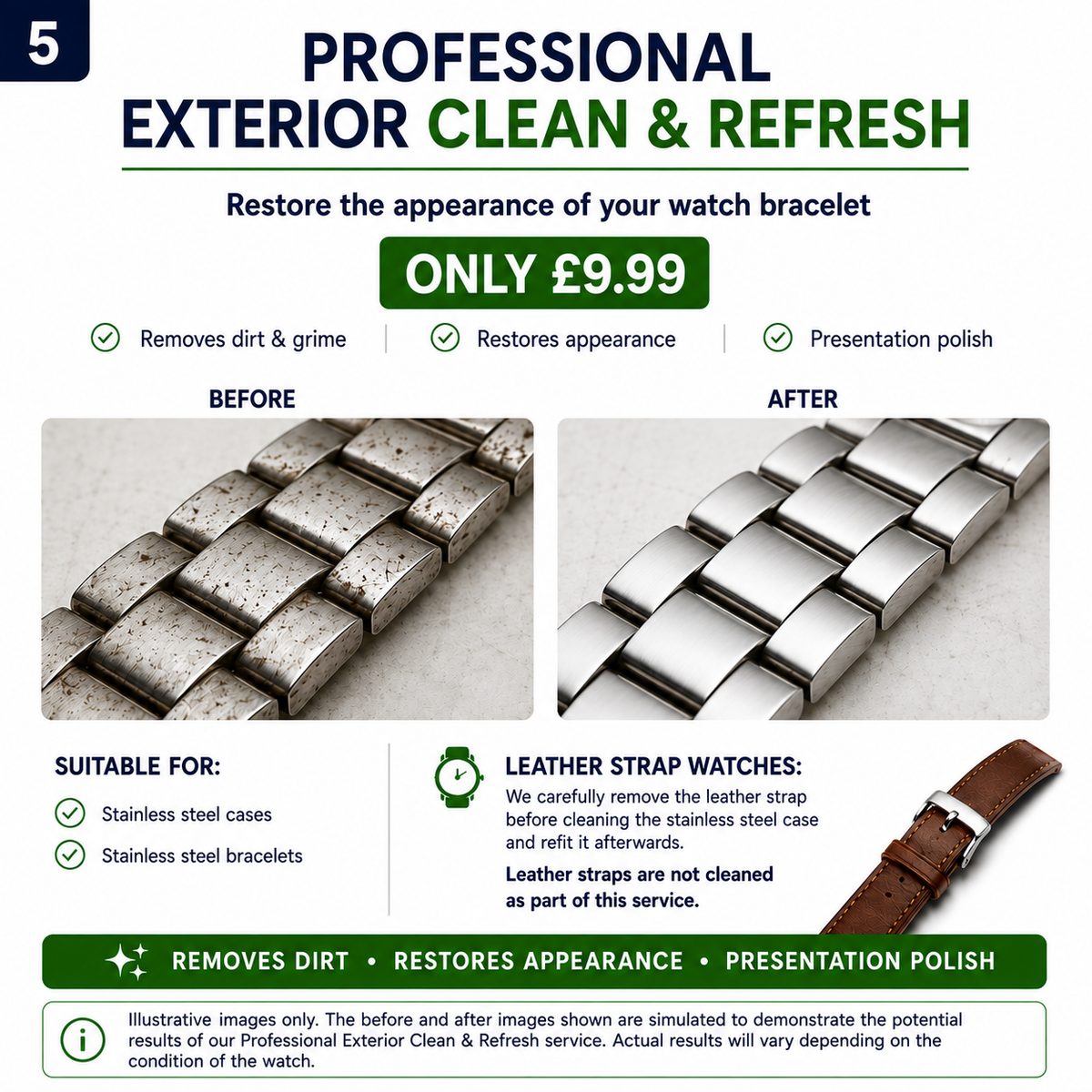 Professional Exterior Clean & Refresh service for stainless steel Citizen watches showing before and after results with optional £9.99 upgrade.