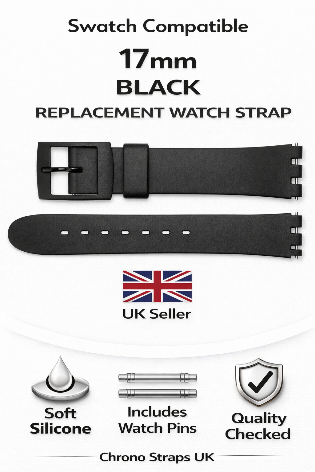 Swatch Compatible 17mm (20mm) Black Replacement Watch Strap with Pins