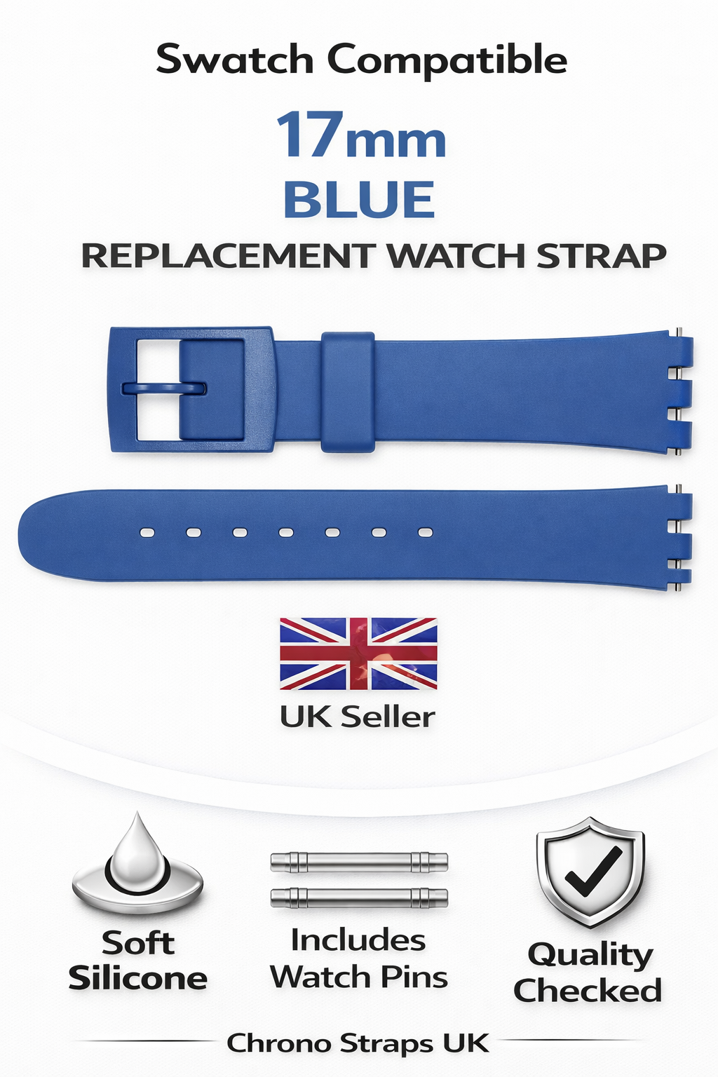 Swatch Compatible 17mm (20mm) Blue Replacement Watch Strap with Pins