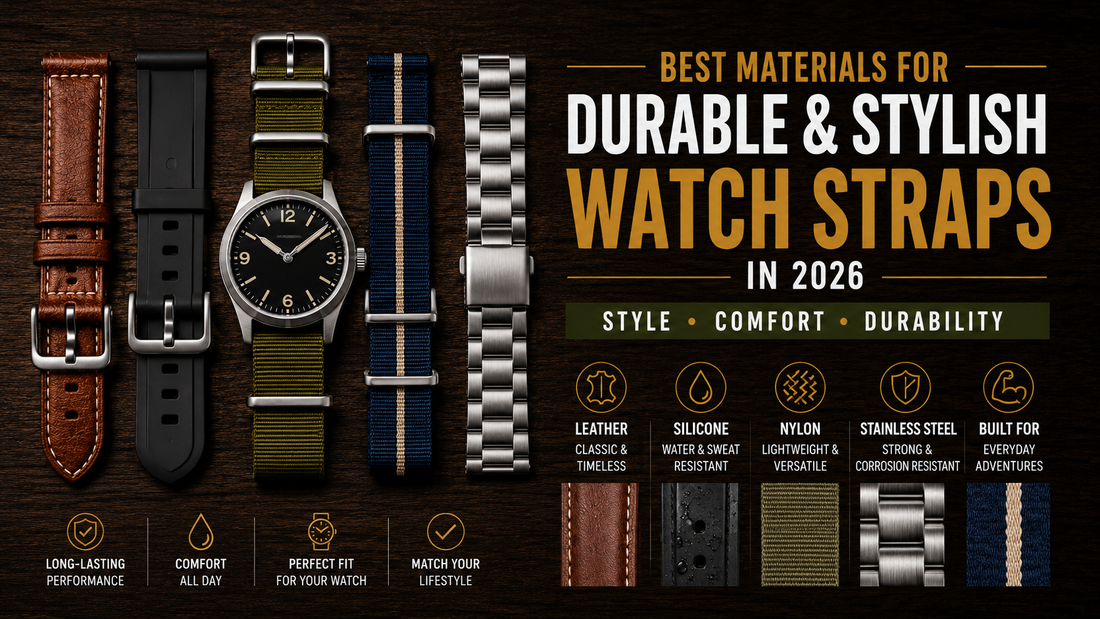 Leather, silicone, nylon and stainless steel watch straps displayed beside a wristwatch comparing the best materials for durable and stylish watch straps.