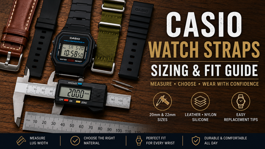 Casio watch with leather, nylon and silicone replacement straps showing watch strap sizing and fit options.