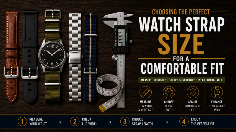 Leather, silicone, nylon and stainless steel watch straps with measuring tools illustrating how to choose the correct watch strap size for a comfortable fit.