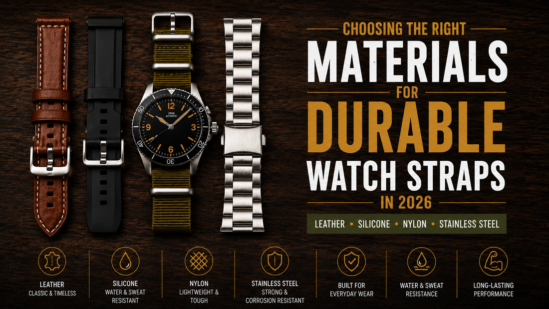 Leather, silicone, nylon and stainless steel watch straps displayed beside a wristwatch to compare durable watch strap materials for everyday wear.