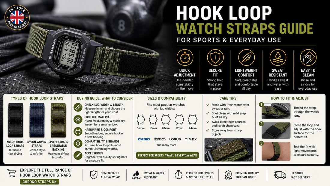 Hook loop watch strap fitted to a sports watch, showing adjustable nylon construction designed for secure everyday wear and active lifestyles.