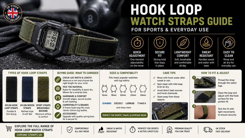 Hook loop watch strap fitted to a sports watch, showing adjustable nylon construction designed for secure everyday wear and active lifestyles.
