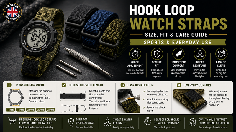 Hook loop watch strap fitted to a sports watch with spring bar tool and replacement straps, illustrating sizing, fitting and everyday care.