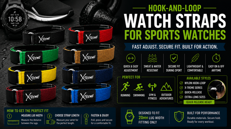 Hook-and-loop sports watch straps in multiple colours designed for running, swimming, gym workouts and outdoor activities with quick-adjust fastening.