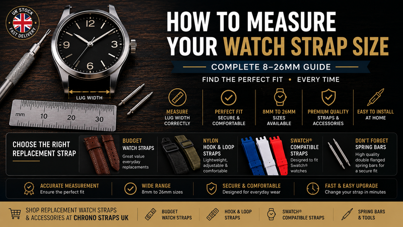 Watch case, ruler and spring bar tool demonstrating how to measure watch strap lug width and choose the correct replacement watch strap size.
