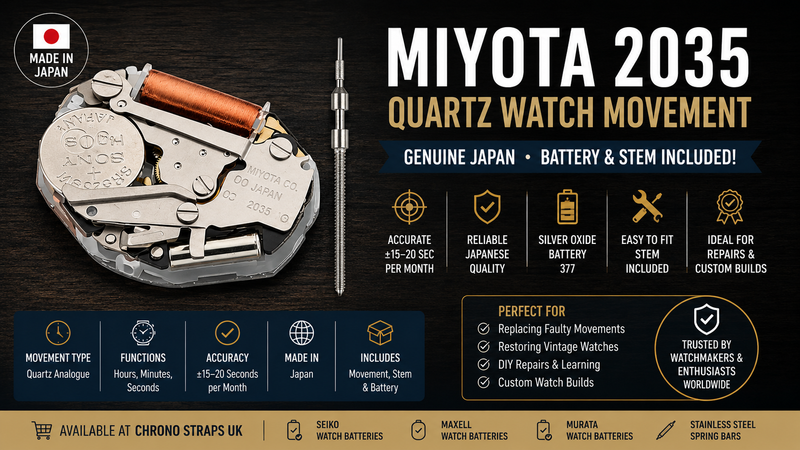Genuine Miyota 2035 quartz watch movement with stem and battery, highlighting Japanese quality, accuracy and compatibility for watch repairs.
