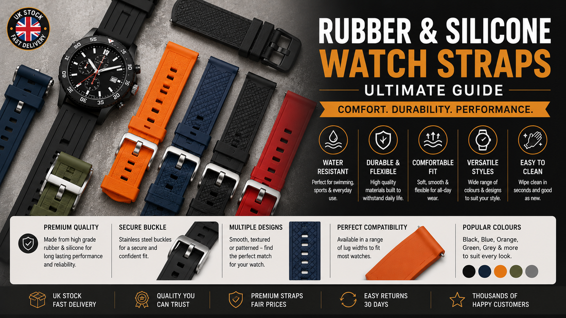 Rubber and silicone replacement watch straps in black, blue and red displayed beside a sports watch, showing water-resistant everyday strap options from Chrono Straps UK.