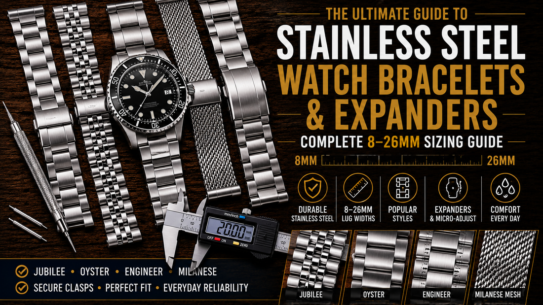 Stainless steel watch bracelets including Jubilee, Oyster, Engineer and Milanese mesh styles displayed with a watch and sizing tools.