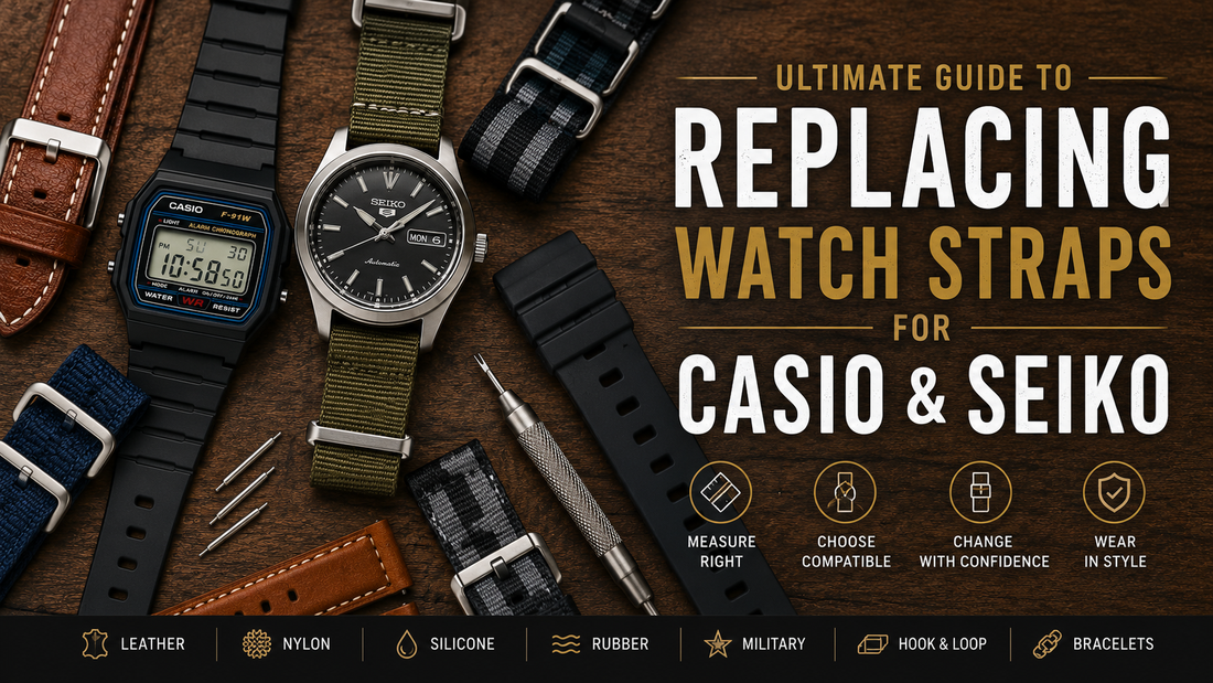 Casio and Seiko watches with replacement watch straps and fitting tools for strap replacement and sizing.
