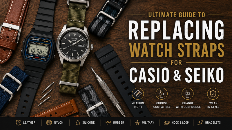 Casio and Seiko watches with replacement watch straps and fitting tools for strap replacement and sizing.
