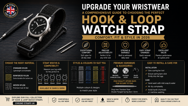 Hook and loop watch strap fitted to a wristwatch, highlighting adjustable nylon construction, secure fastening and comfortable everyday wear.