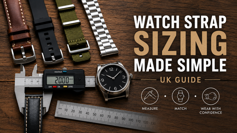 Watch straps and digital calipers measuring lug width for accurate watch strap sizing.