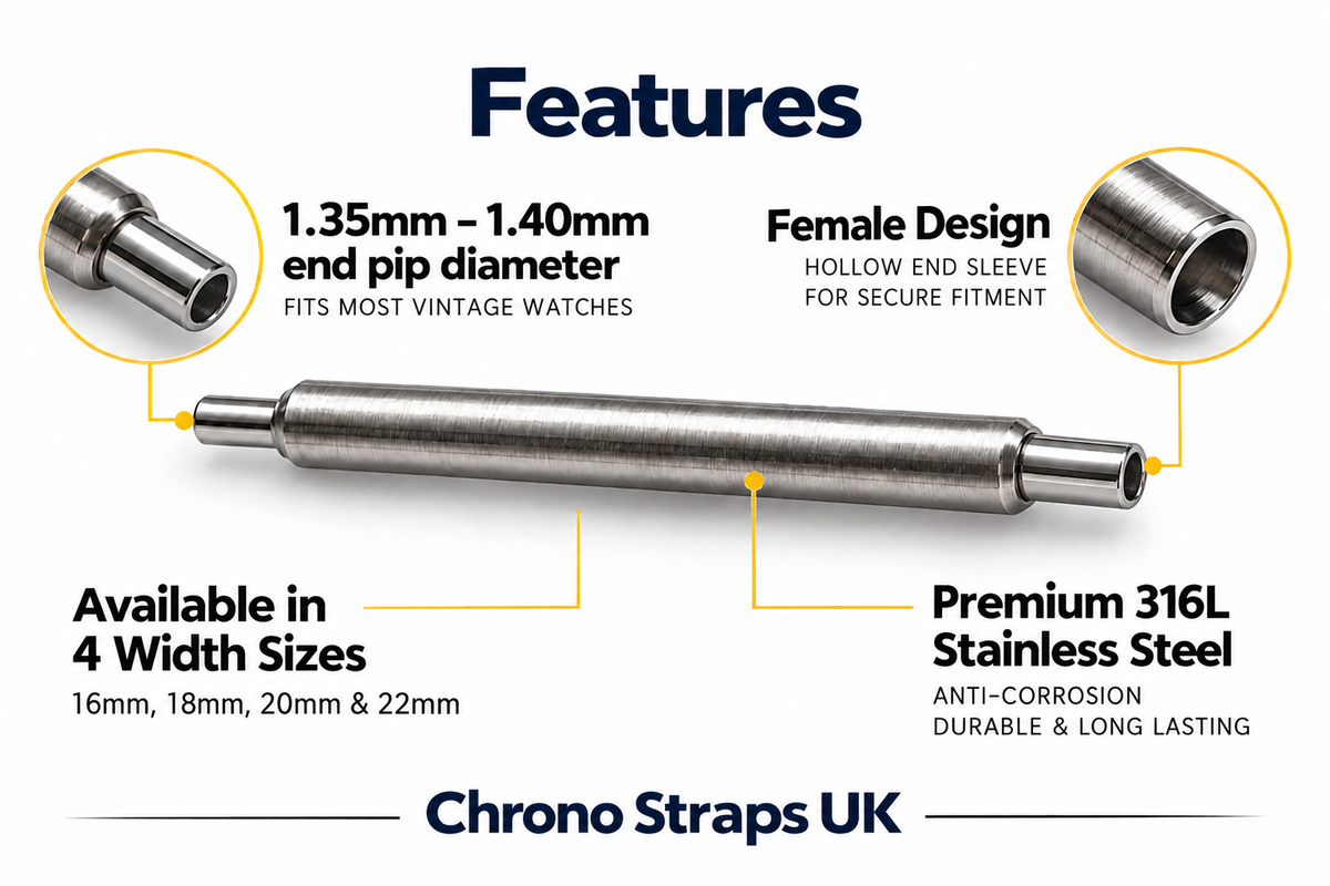 1.8mm female spring bar features, hollow end sleeve and 316L stainless steel