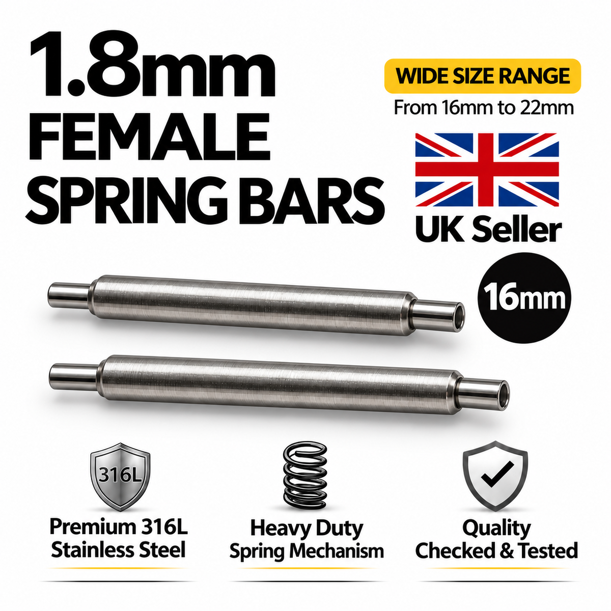16mm 1.8mm female watch spring bars, hollow end