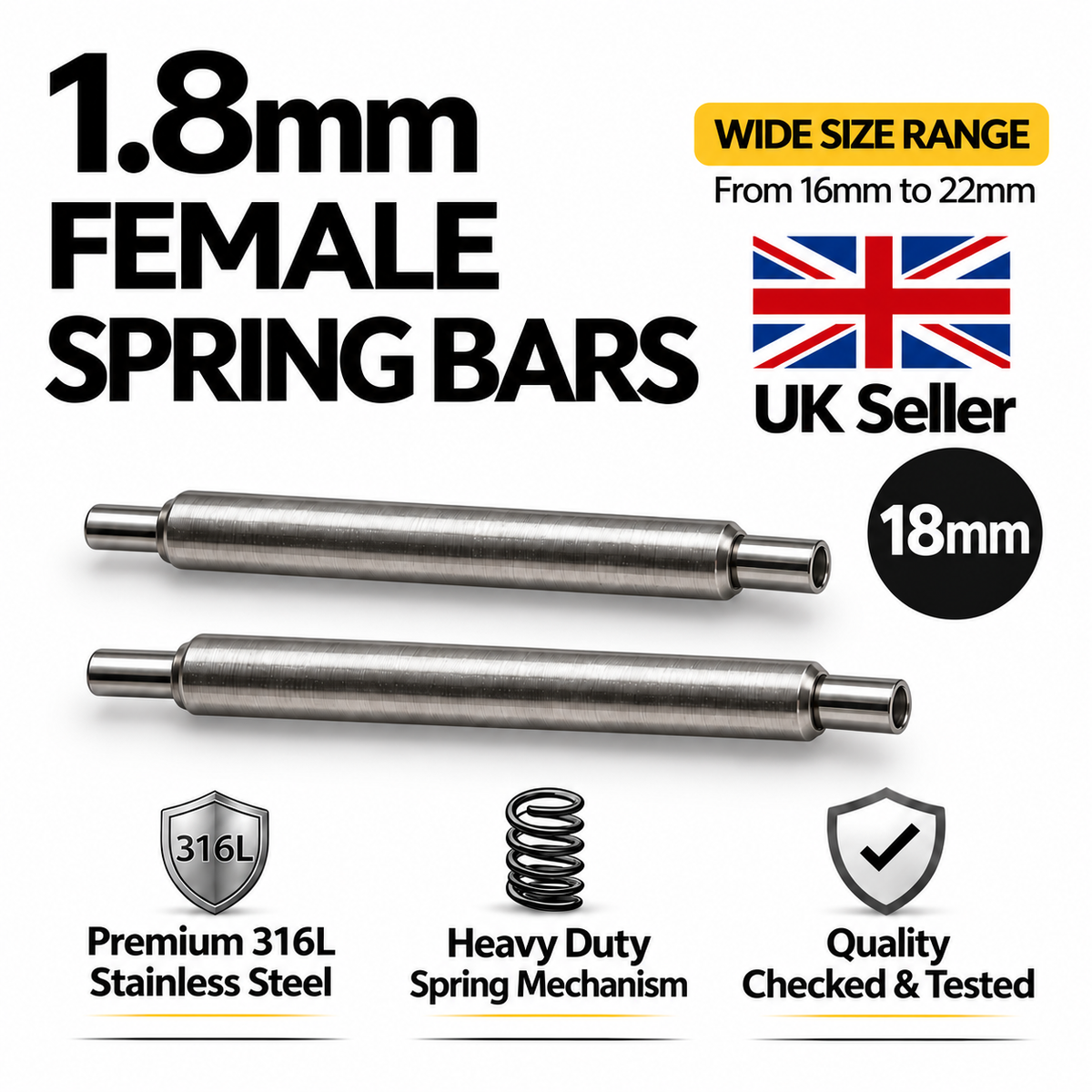 18mm 1.8mm female watch spring bars, hollow end