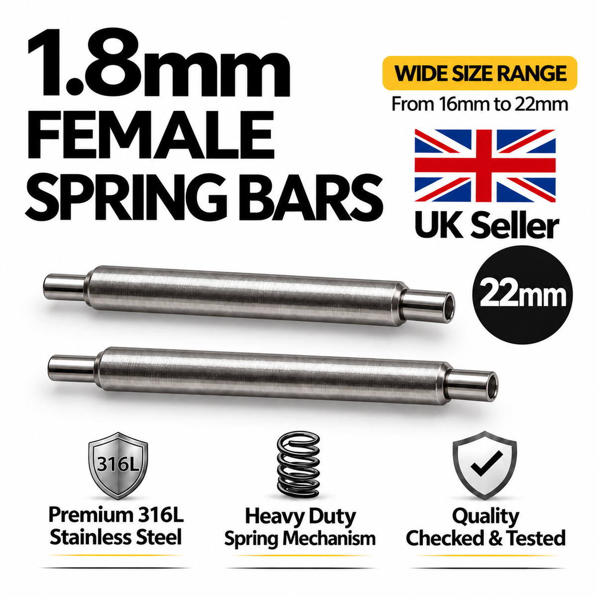 22mm 1.8mm female watch spring bars, hollow end