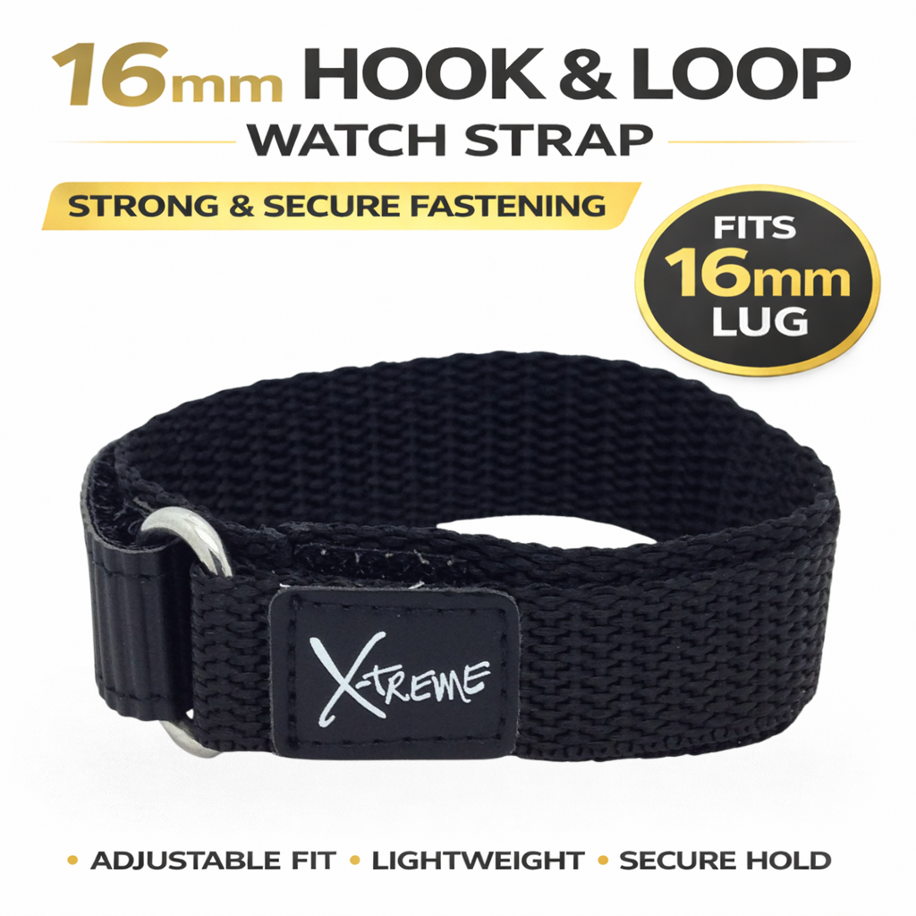 X-Treme 16mm Hook & Loop Nylon Watch Strap - Black | Chrono Straps UK