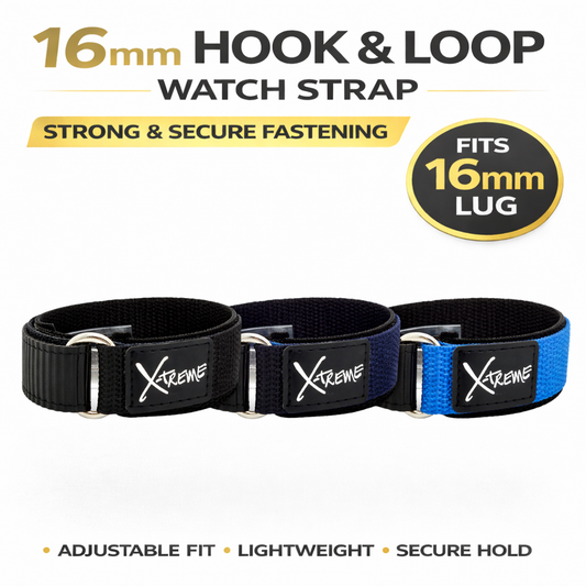 X-Treme 16mm Hook & Loop Nylon Watch Strap - Black, Dk Blue, Lt Blue | Chrono Straps UK