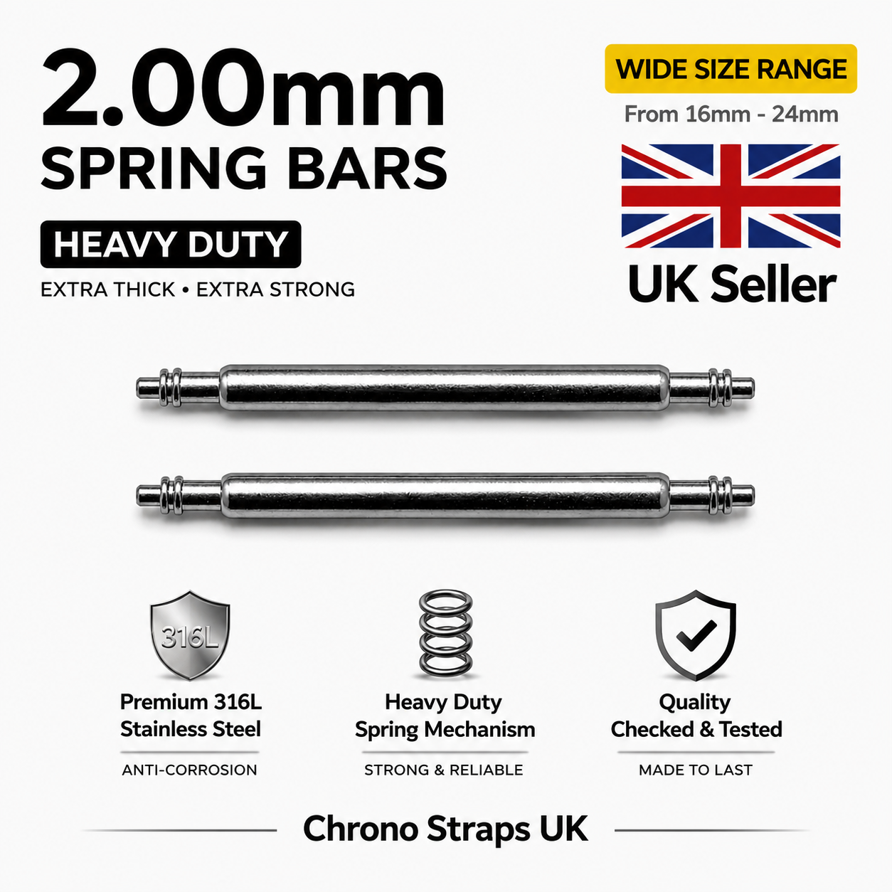 2.0mm heavy duty double flanged watch spring bars, stainless steel