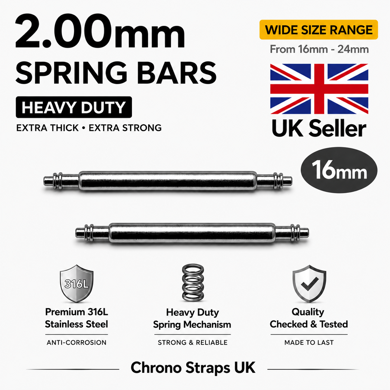 2.0mm Watch Spring Bars Stainless Steel | Double Flanged | Heavy Duty | 16mm–24mm | Multi-Pack