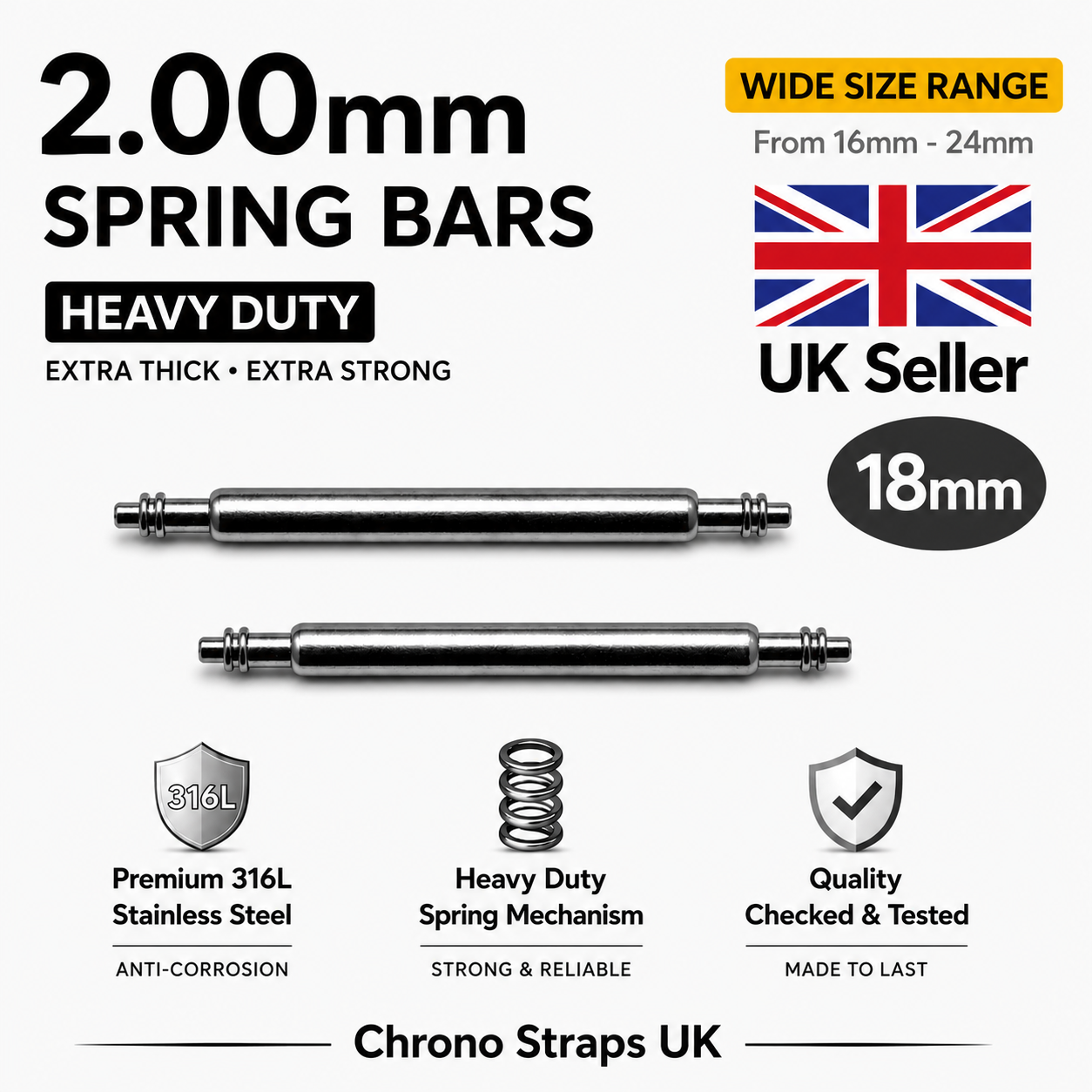 2.0mm Watch Spring Bars Stainless Steel | Double Flanged | Heavy Duty | 16mm–24mm | Multi-Pack