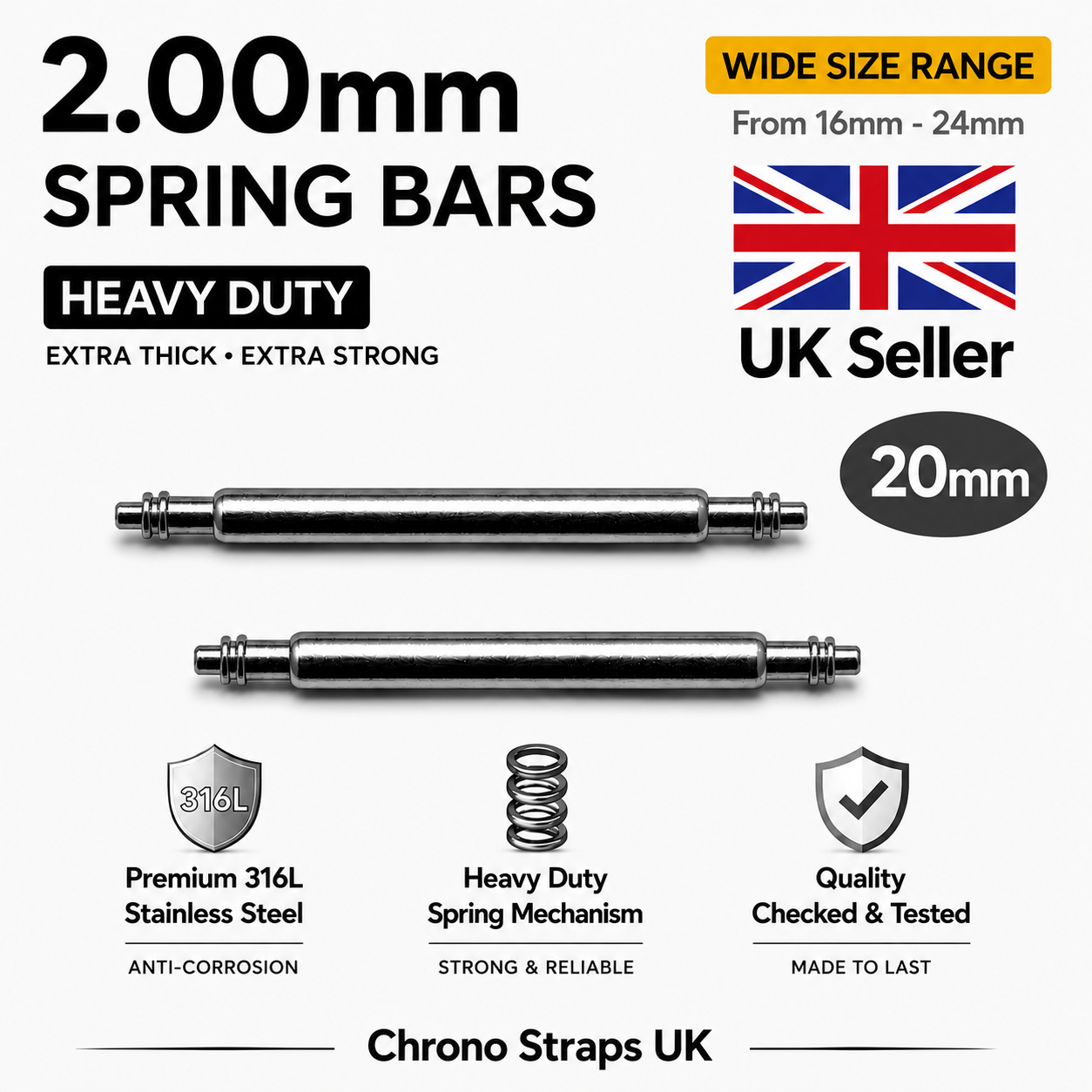 2.0mm Watch Spring Bars Stainless Steel | Double Flanged | Heavy Duty | 16mm–24mm | Multi-Pack