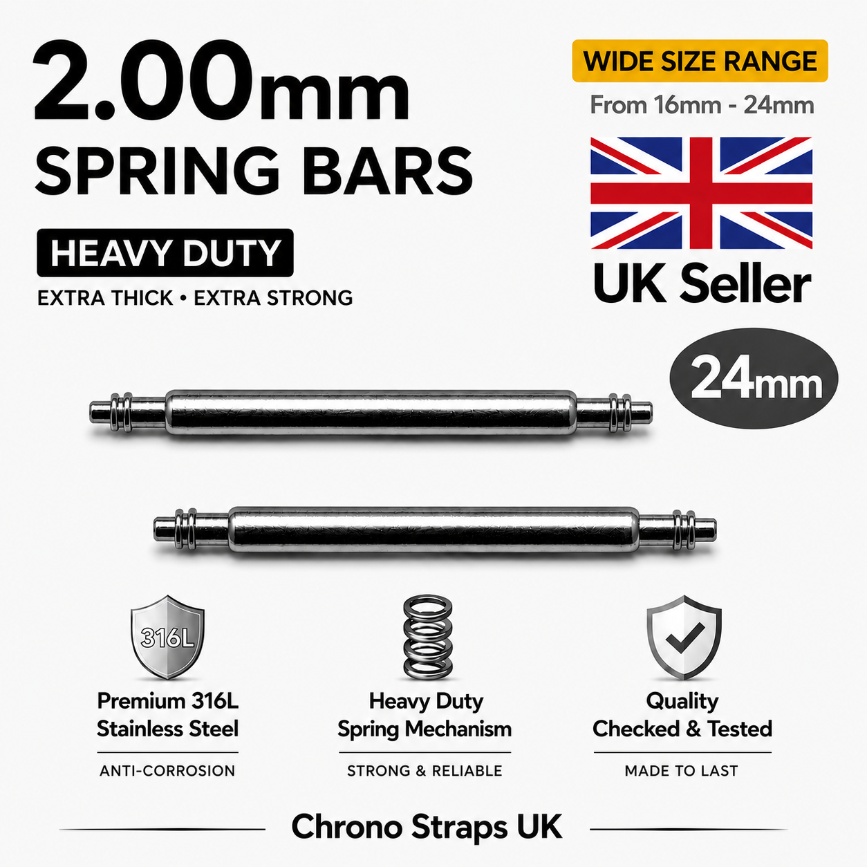 2.0mm Watch Spring Bars Stainless Steel | Double Flanged | Heavy Duty | 16mm–24mm | Multi-Pack