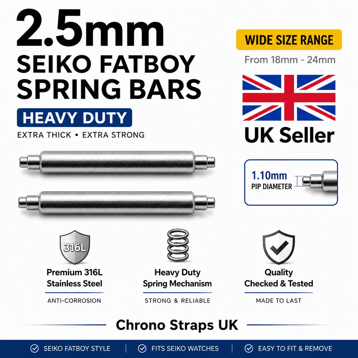 Seiko "Fatboy" style 2.5mm double shoulder watch spring bars with 1.1mm extra large pip