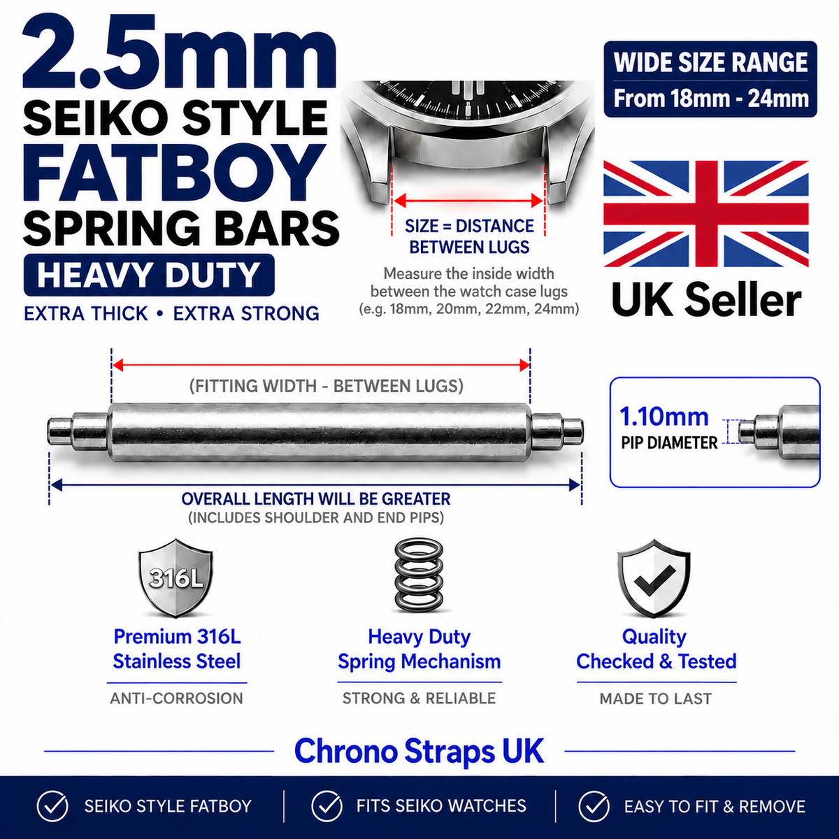 Seiko "Fatboy" style 2.5mm double shoulder watch spring bars with 1.1mm extra large pip