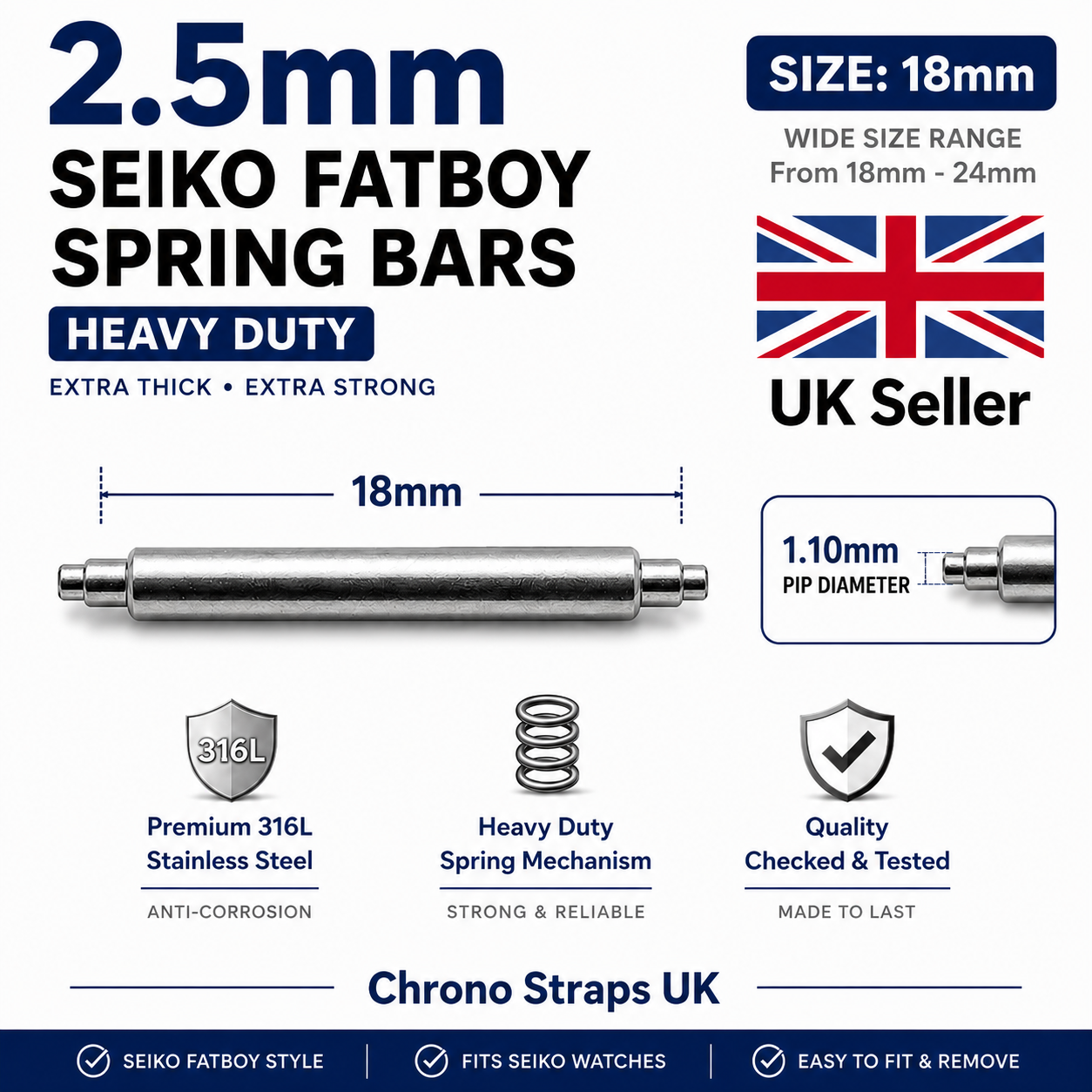 Seiko "Fatboy" Style Watch Spring Bars | 2.5mm Double Shoulder | 1.1mm Extra Large Pip | 18mm–24mm | Multi-Pack