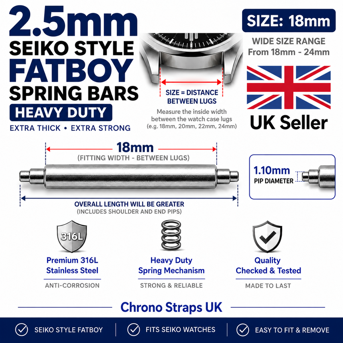 Seiko "Fatboy" style 2.5mm double shoulder 18mm watch spring bars with 1.1mm extra large pip