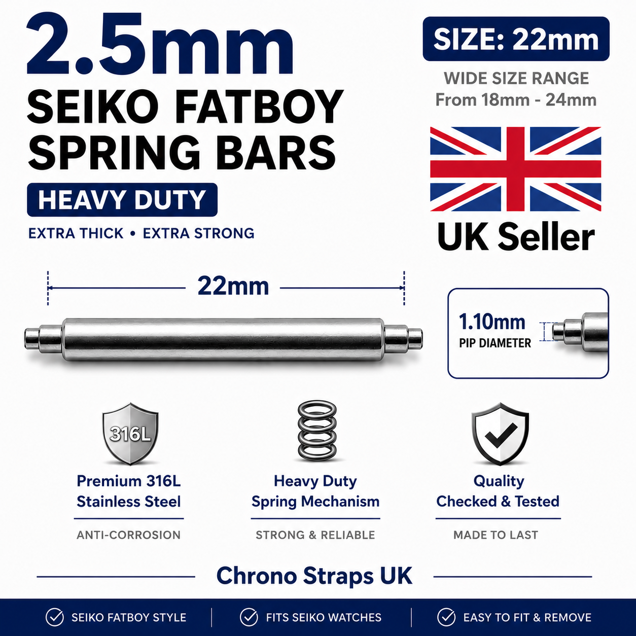 Seiko "Fatboy" Style Watch Spring Bars | 2.5mm Double Shoulder | 1.1mm Extra Large Pip | 18mm–24mm | Multi-Pack