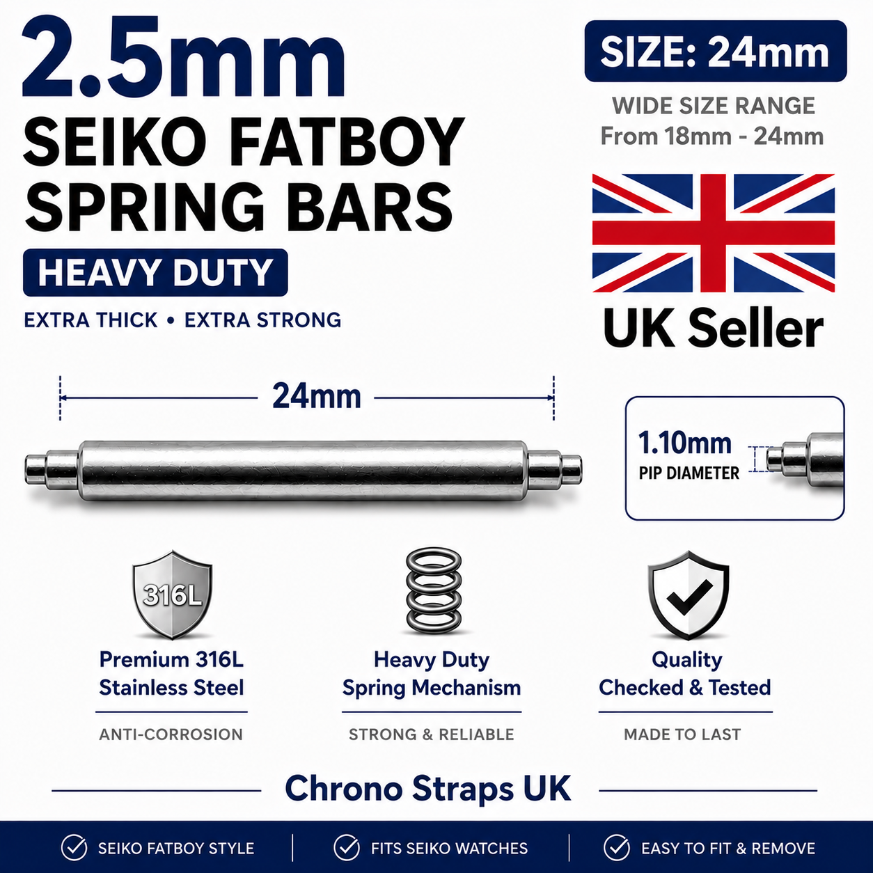 Seiko "Fatboy" Style Watch Spring Bars | 2.5mm Double Shoulder | 1.1mm Extra Large Pip | 18mm–24mm | Multi-Pack