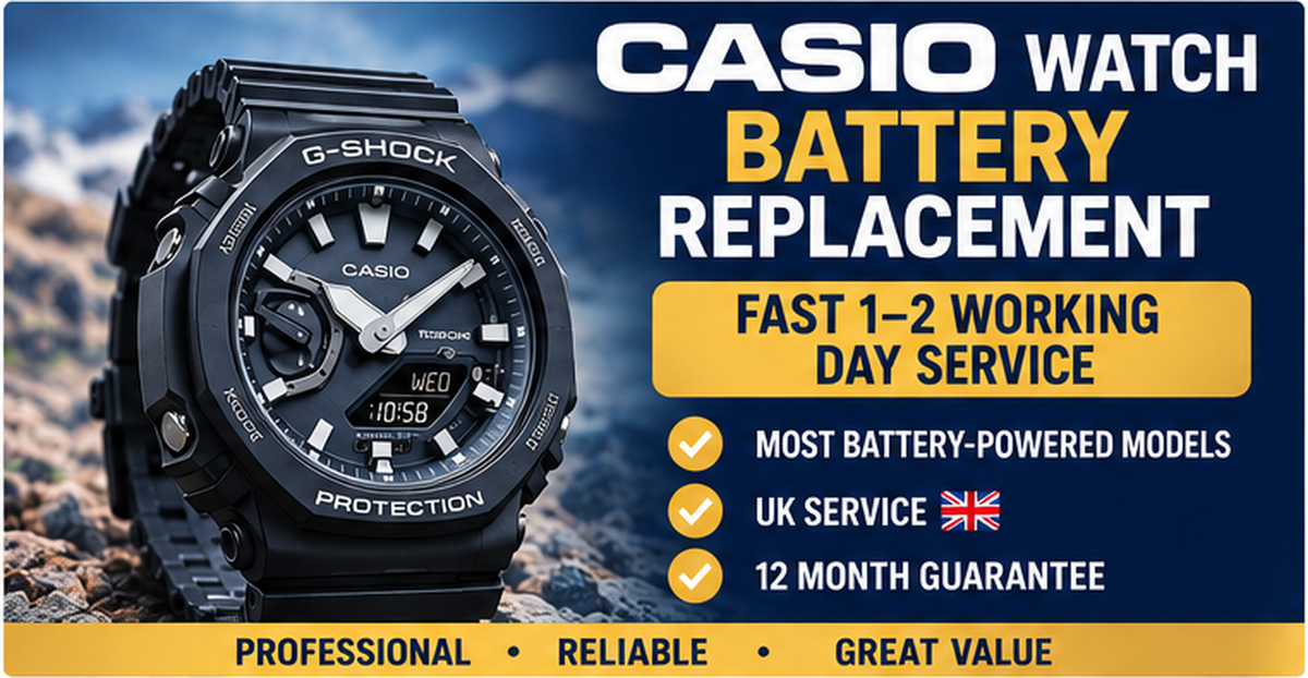 Casio G-Shock watch battery replacement service UK with fast 1–2 working day processing and 12-month guarantee.