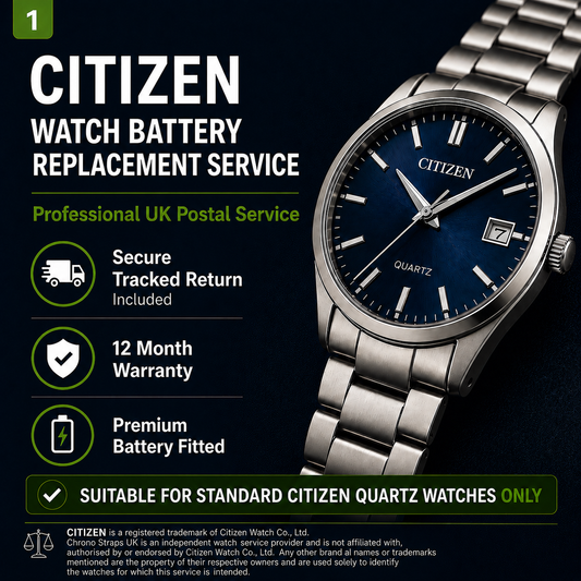 Citizen watch battery replacement service by Chrono Straps UK for standard Citizen quartz watches with secure tracked return and 12-month warranty.