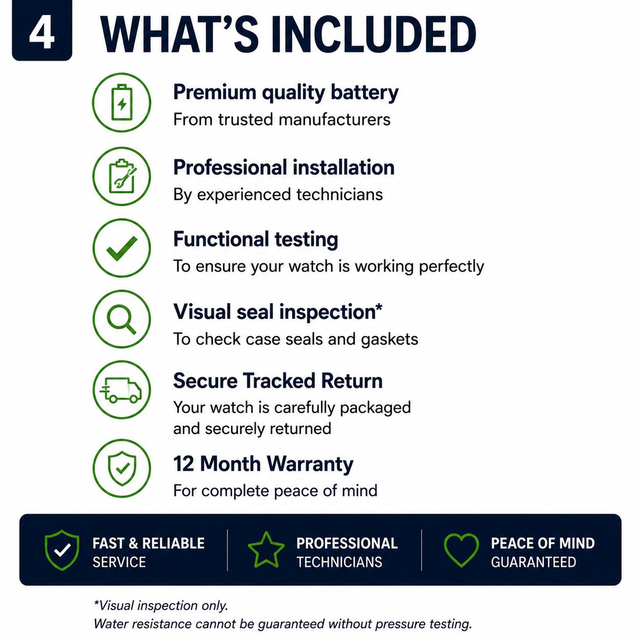 What's included with the Citizen watch battery replacement service including premium battery fitting, functional testing, visual seal inspection and secure tracked return.