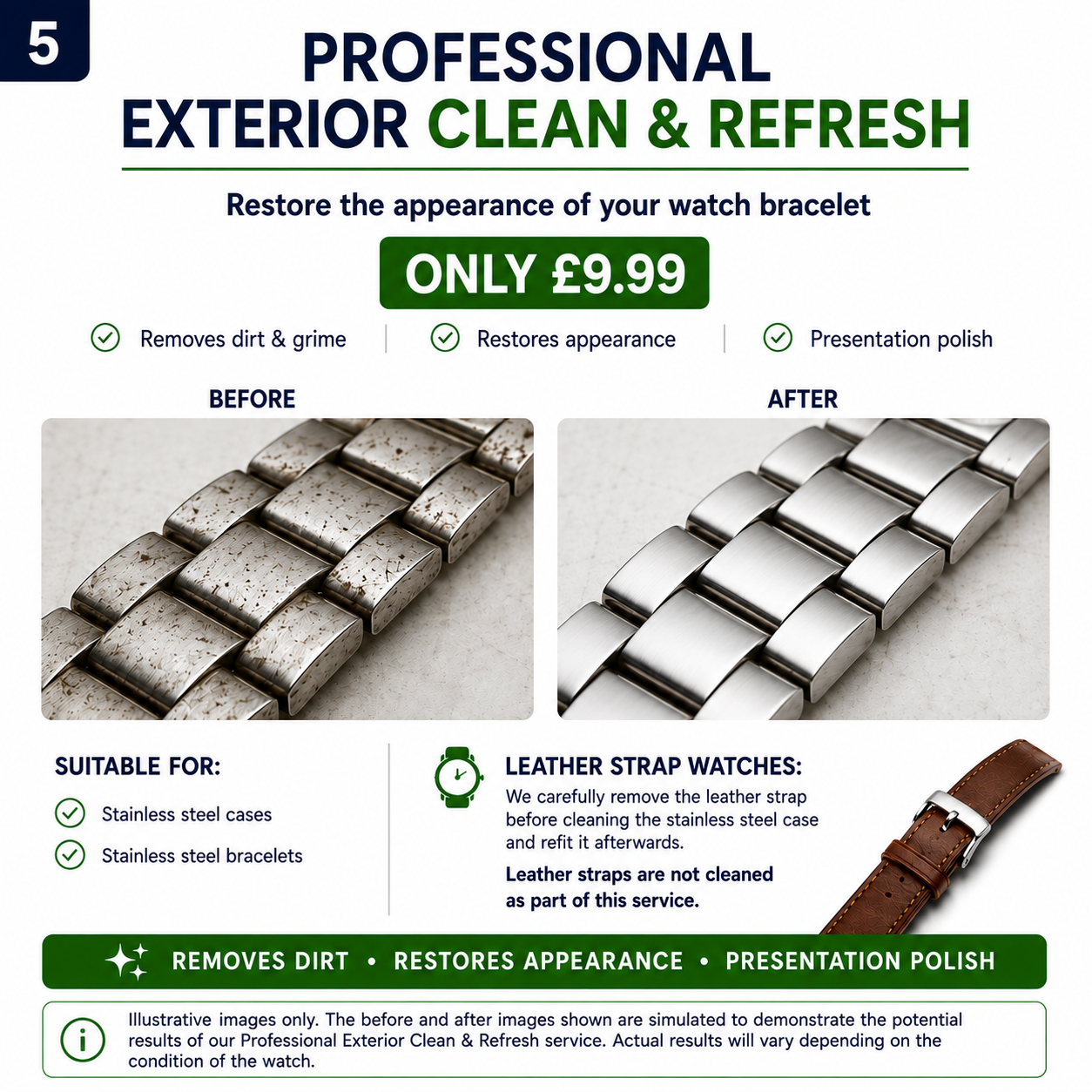 Professional Exterior Clean & Refresh service for stainless steel Citizen watches showing before and after results with optional £9.99 upgrade.
