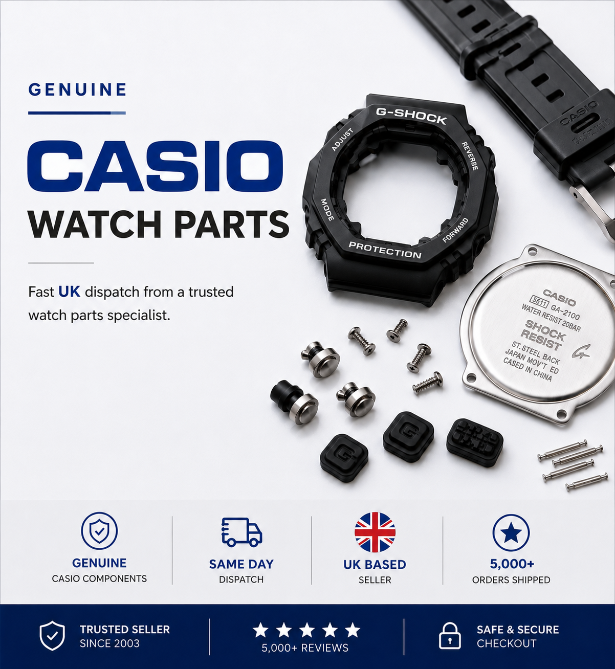 Genuine Casio watch replacement parts for G-Shock watches including bezels, straps, case backs, buttons and accessories with fast UK dispatch.