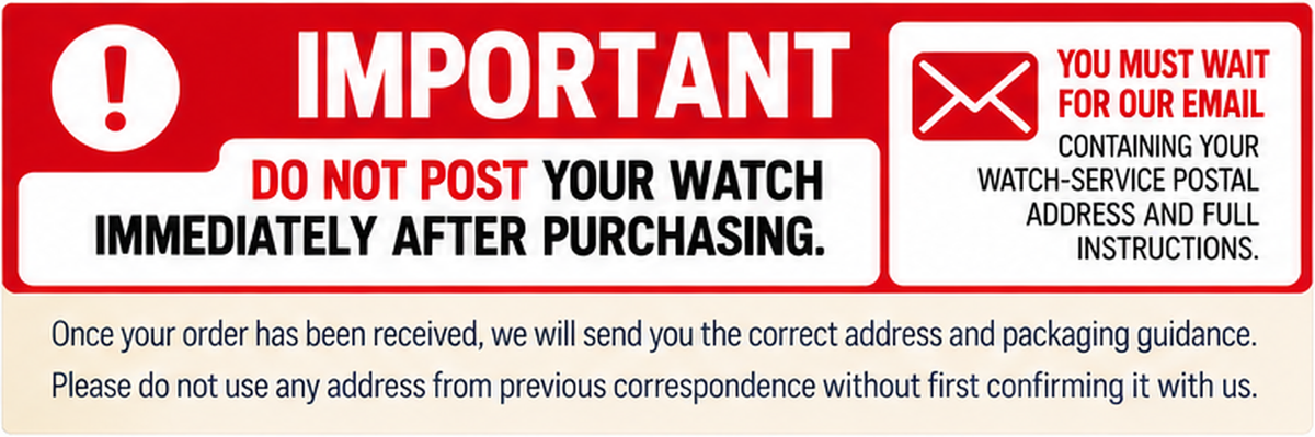 Important Casio watch battery replacement instructions telling customers to wait for the postal address email before sending their watch.