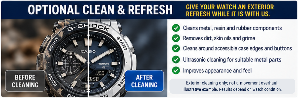 Illustration of Casio G-Shock exterior watch cleaning before and after, including suitable metal, resin and rubber components.