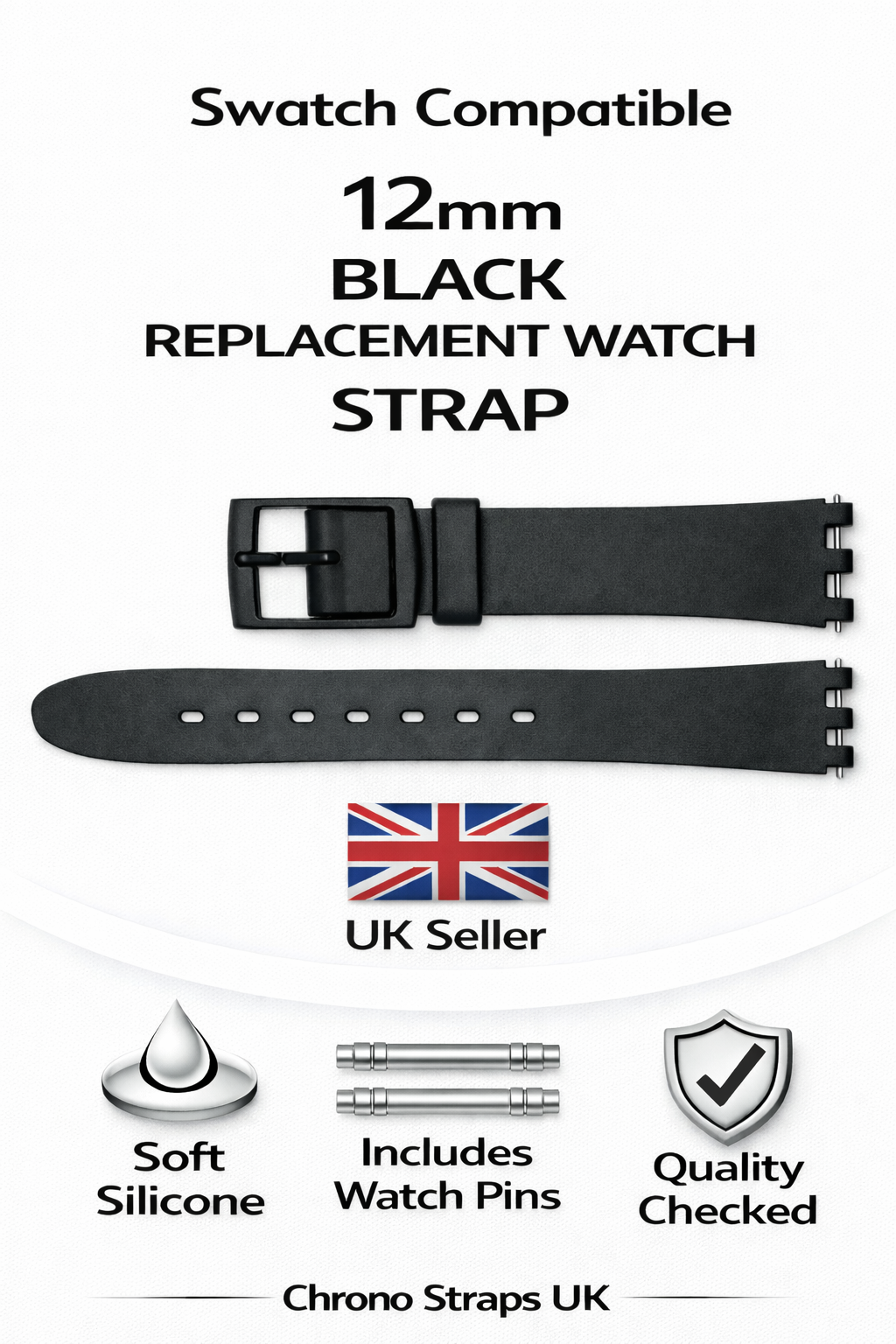 Swatch Compatible 12mm (14mm) Black Replacement Watch Strap with Pins