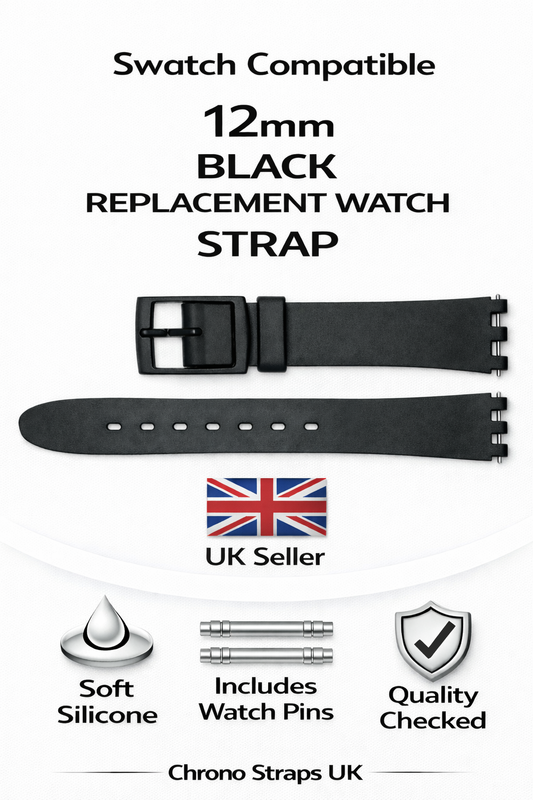 Swatch Compatible 14mm Black Replacement Watch Strap with Pins