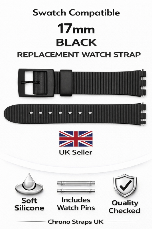 Swatch Compatible 17mm (20mm) Black Ribbed Replacement Watch Strap with Pins