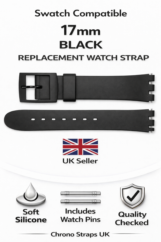 Swatch Compatible 17mm (20mm) Black Replacement Watch Strap with Pins