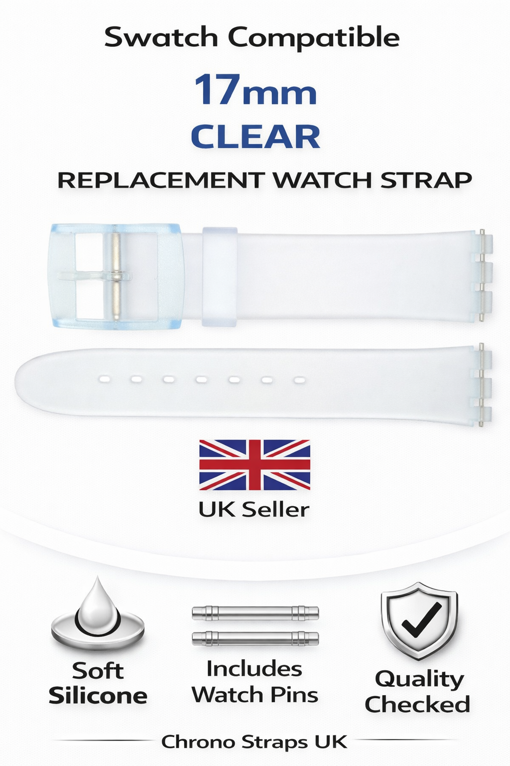 Swatch Compatible 17mm (20mm) Clear Replacement Watch Strap with Pins