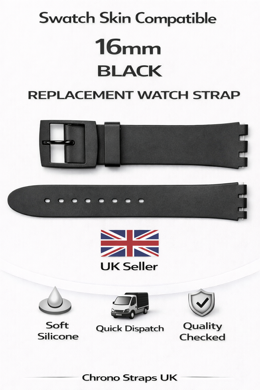 Swatch Skin Compatible 16mm (19mm) Black Replacement Watch Strap with Pins